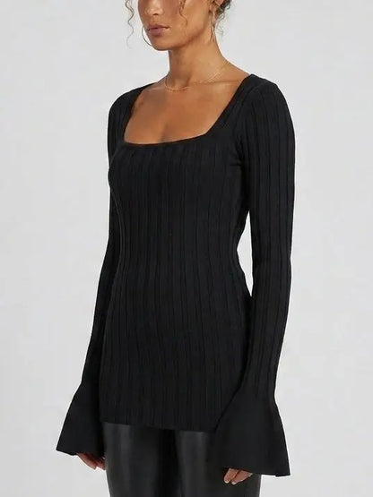 Black Ribbed Knit Top with Flared Cuffs - Tops