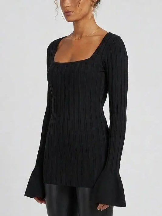 Black Ribbed Knit Top with Flared Cuffs - Tops