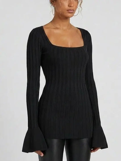 Black Ribbed Knit Top with Flared Cuffs - Tops