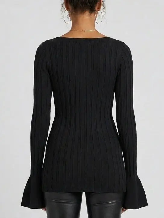 Black Ribbed Knit Top with Flared Cuffs - Tops