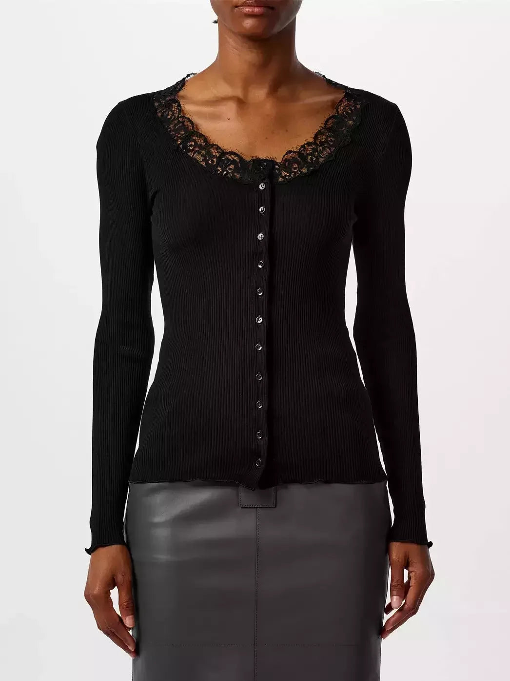 Black Ribbed Lace-Trim Cardigan Sweater - Sweaters & Knitwear