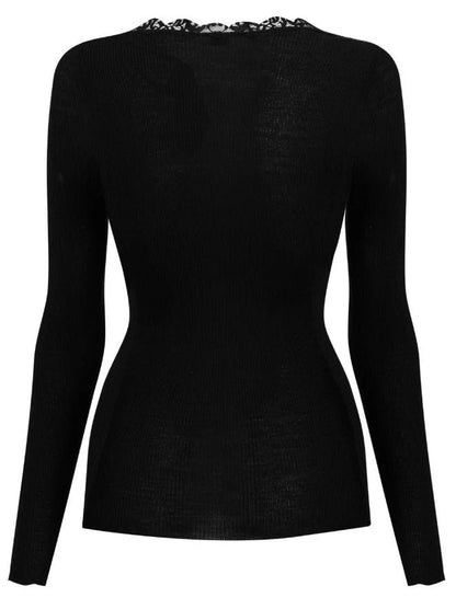 Black Ribbed Lace-Trim Cardigan Sweater - Sweaters & Knitwear