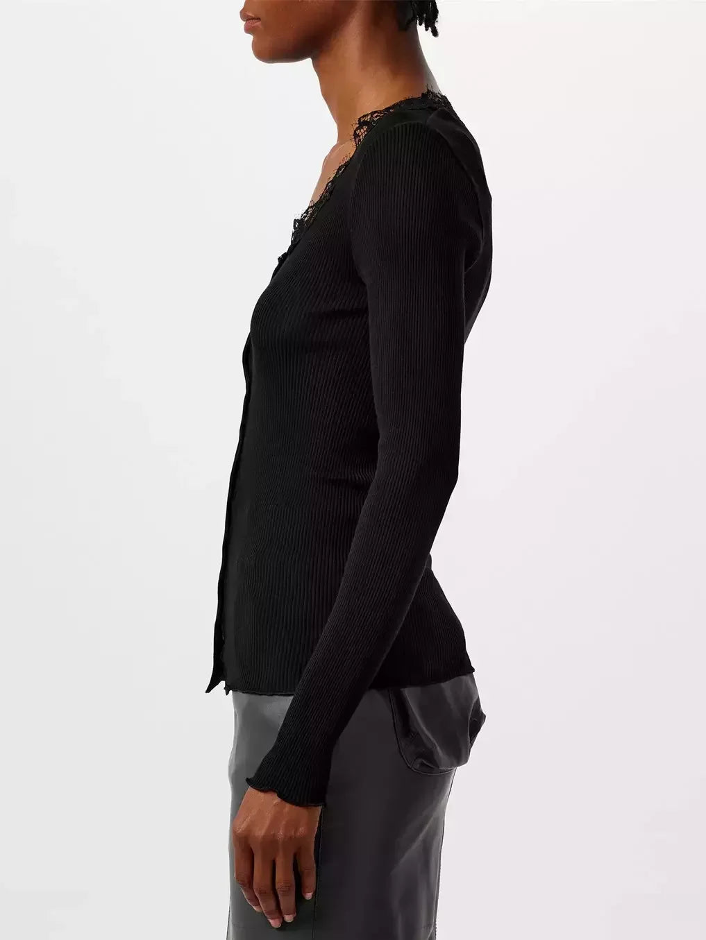 Black Ribbed Lace-Trim Cardigan Sweater - Sweaters & Knitwear