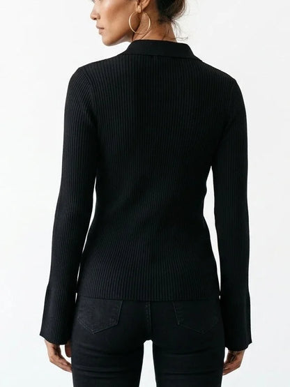 Black Ribbed V-Neck Cardigan with Gold Buttons - Sweaters & Knitwear