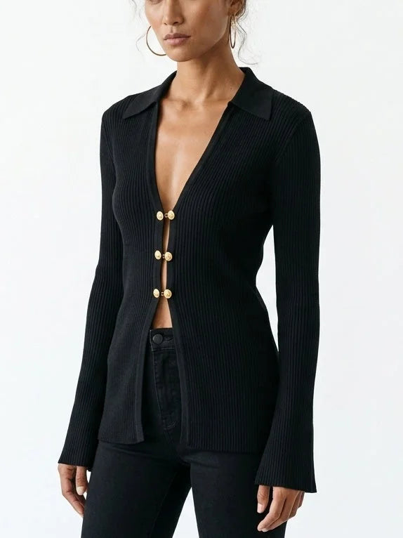 Black Ribbed V-Neck Cardigan with Gold Buttons - Sweaters & Knitwear