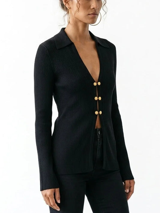 Black Ribbed V-Neck Cardigan with Gold Buttons - Sweaters & Knitwear