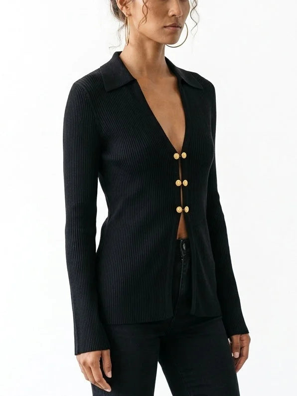 Black Ribbed V-Neck Cardigan with Gold Buttons - Sweaters & Knitwear