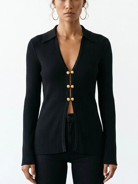 Black Ribbed V-Neck Cardigan with Gold Buttons - Sweaters & Knitwear