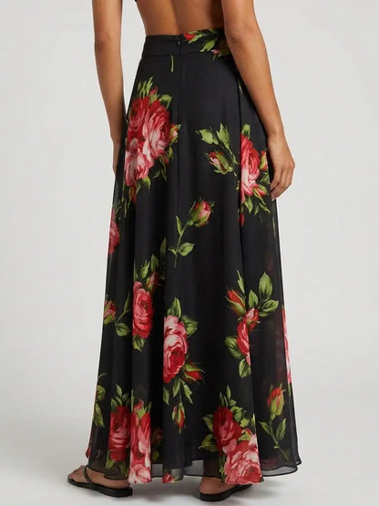 Black Rose Print Silk Maxi Skirt - Skirts