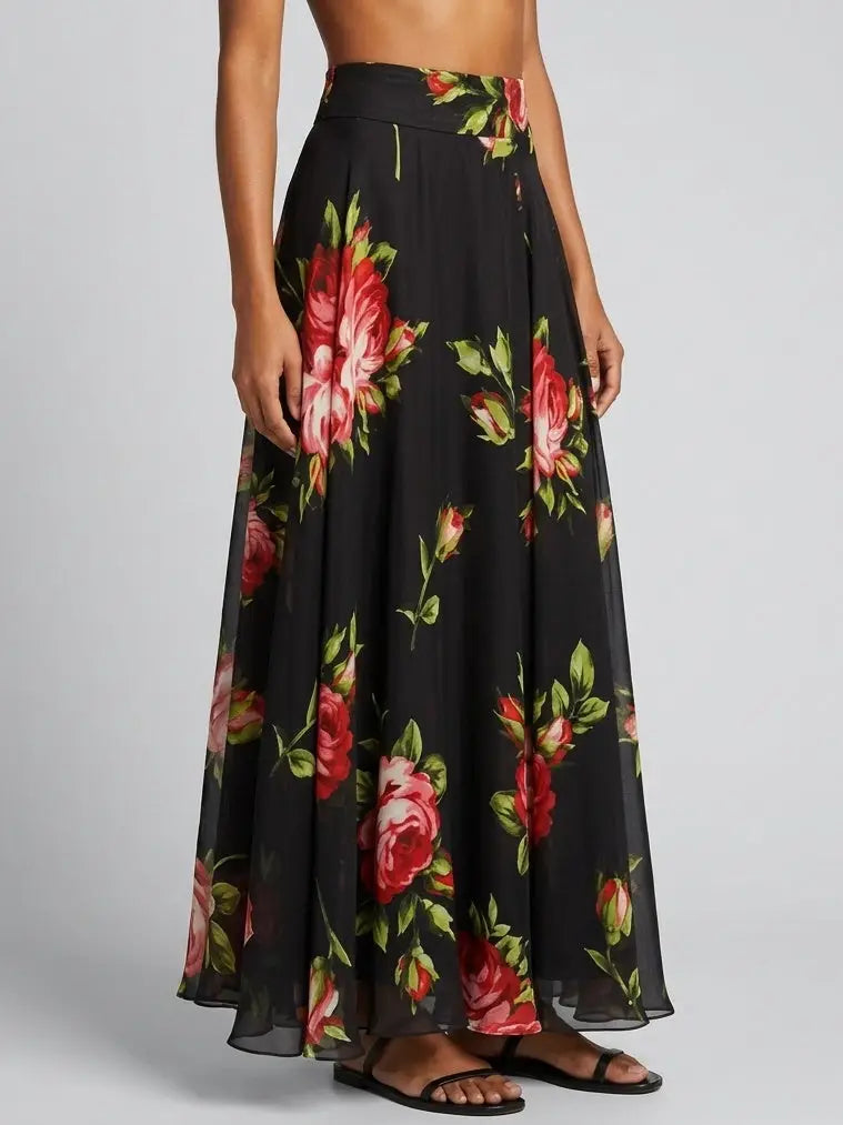 Black Rose Print Silk Maxi Skirt - Skirts