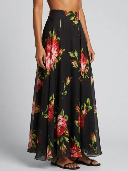Black Rose Print Silk Maxi Skirt - Skirts
