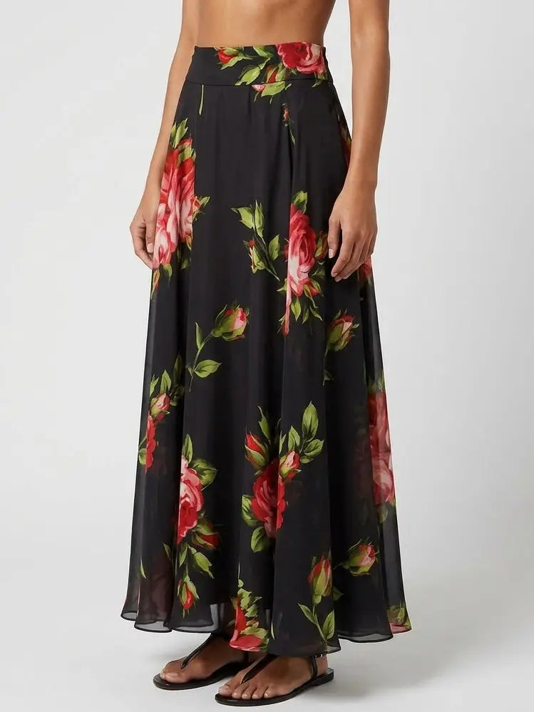 Black Rose Print Silk Maxi Skirt - Skirts