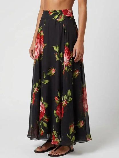 Black Rose Print Silk Maxi Skirt - Skirts