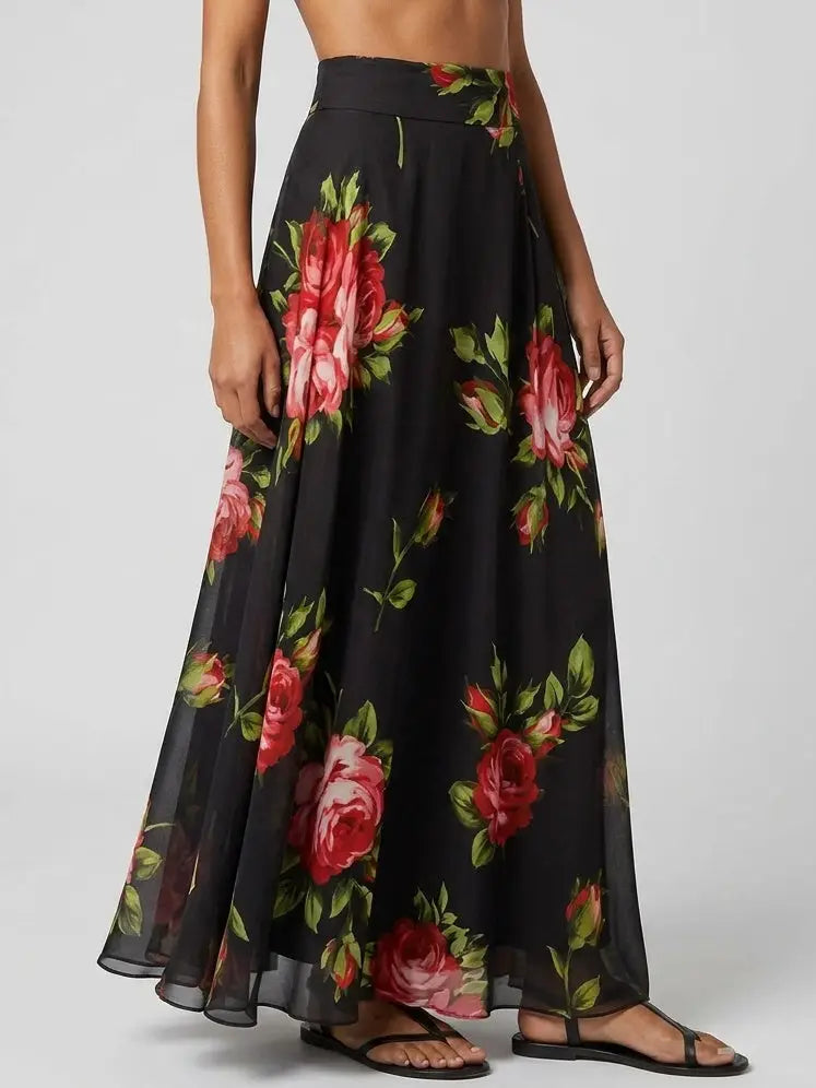 Black Rose Print Silk Maxi Skirt - Skirts