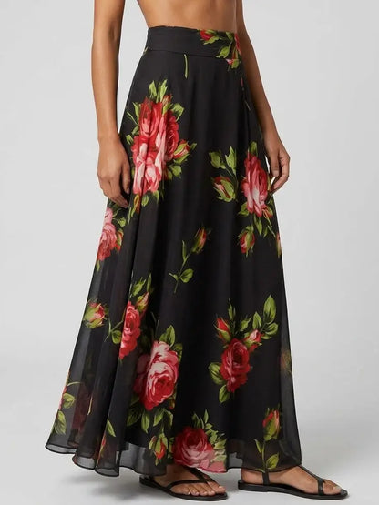 Black Rose Print Silk Maxi Skirt - Skirts