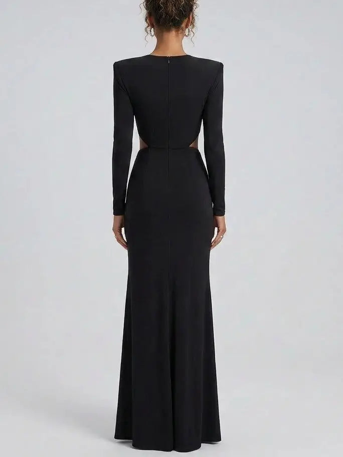 Black Ruched Cutout Maxi Dress With Crystal Brooch - Dresses