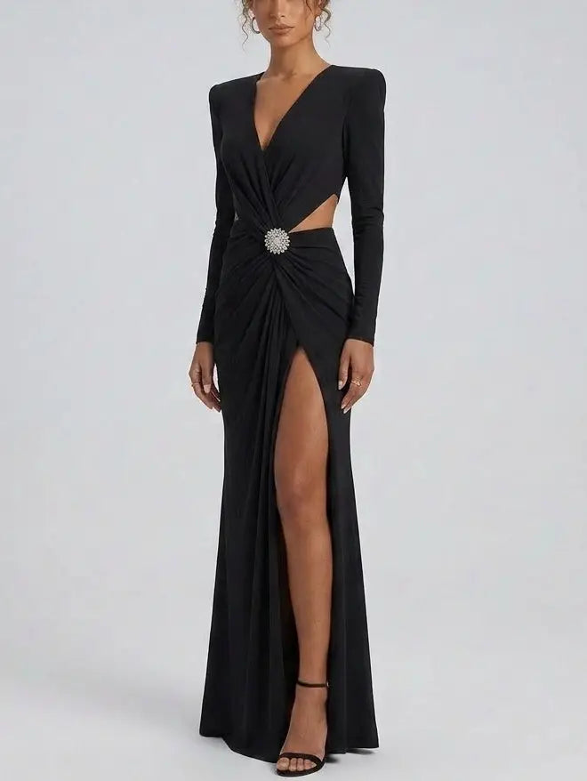 Black Ruched Cutout Maxi Dress With Crystal Brooch - Dresses
