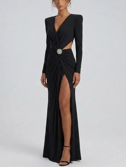 Black Ruched Cutout Maxi Dress With Crystal Brooch - Dresses