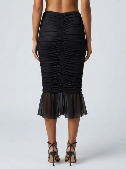 Black Ruched Stretch Midi Skirt with Sheer Ruffle Hem - Skirts