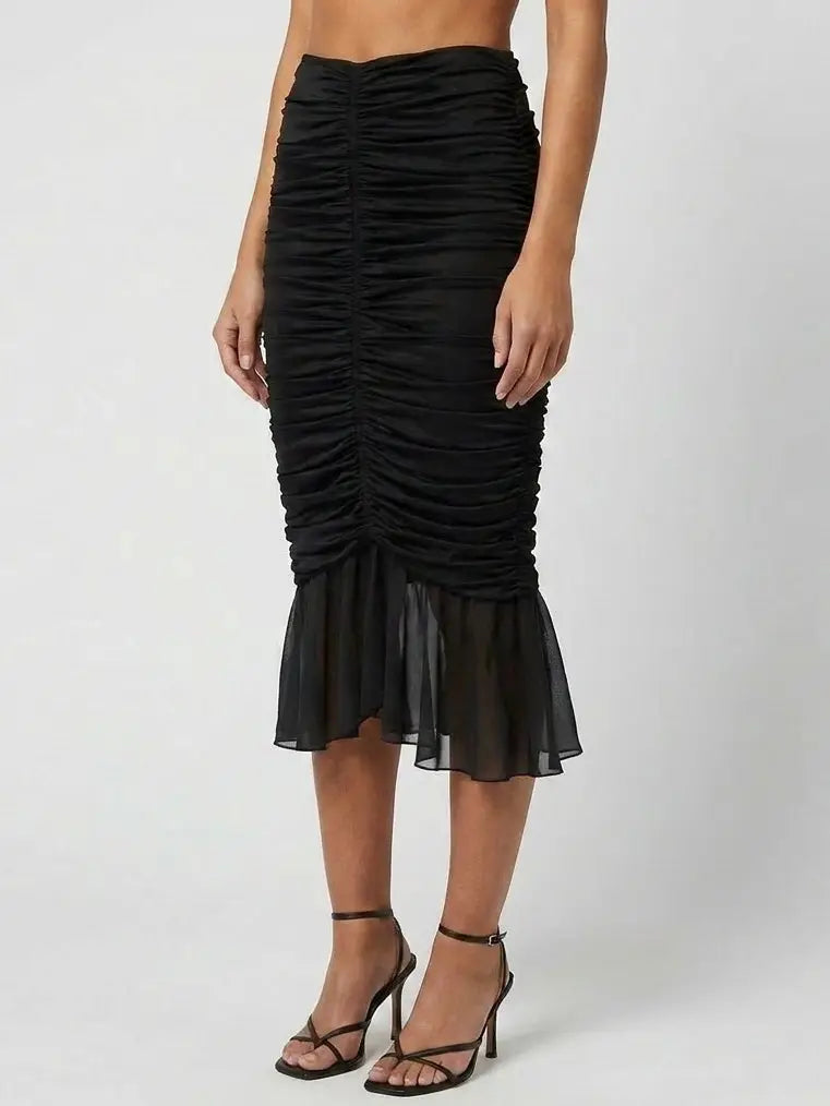 Black Ruched Stretch Midi Skirt with Sheer Ruffle Hem - Skirts