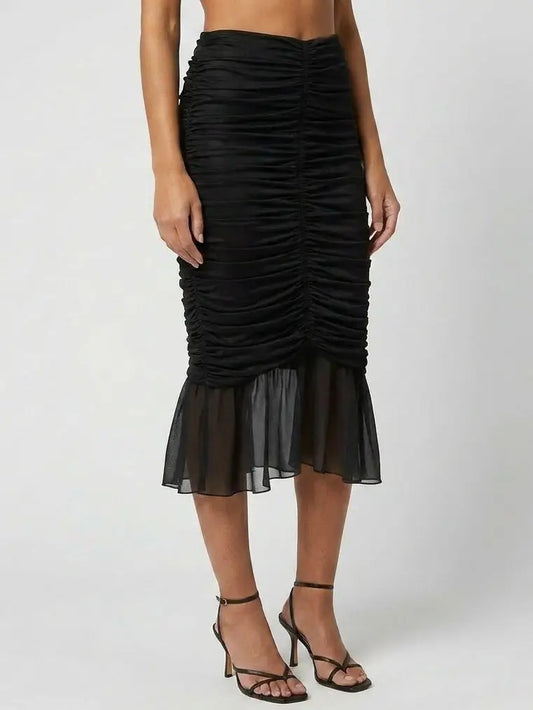 Black Ruched Stretch Midi Skirt with Sheer Ruffle Hem - Skirts