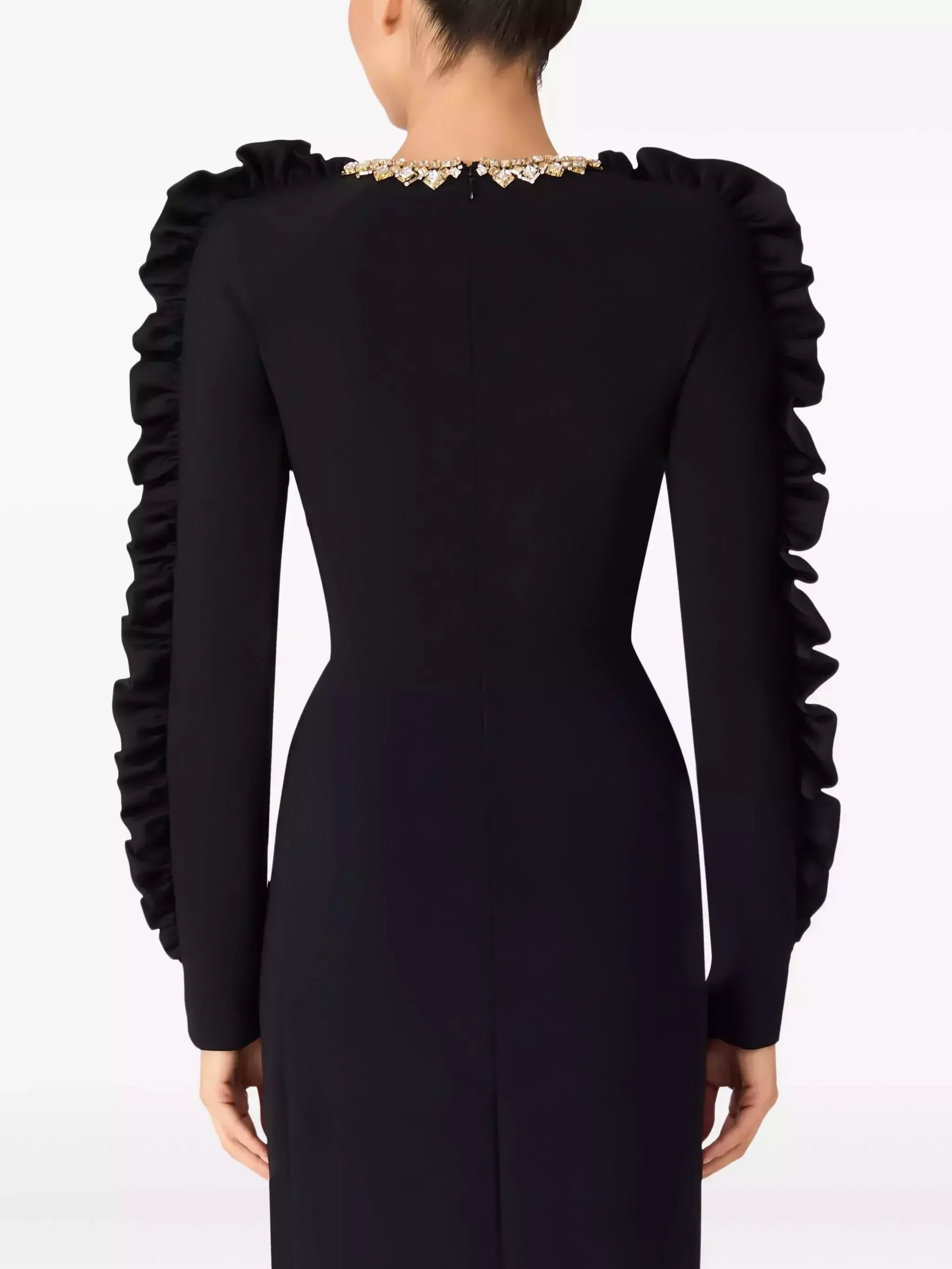 Black Ruffle Trim Embellished Collar Midi Dress Dresses