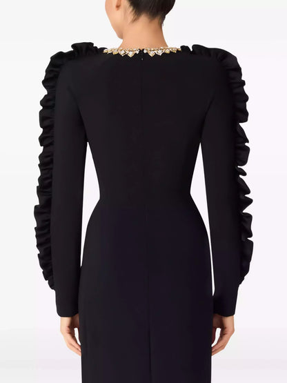 Black Ruffle Trim Embellished Collar Midi Dress Dresses