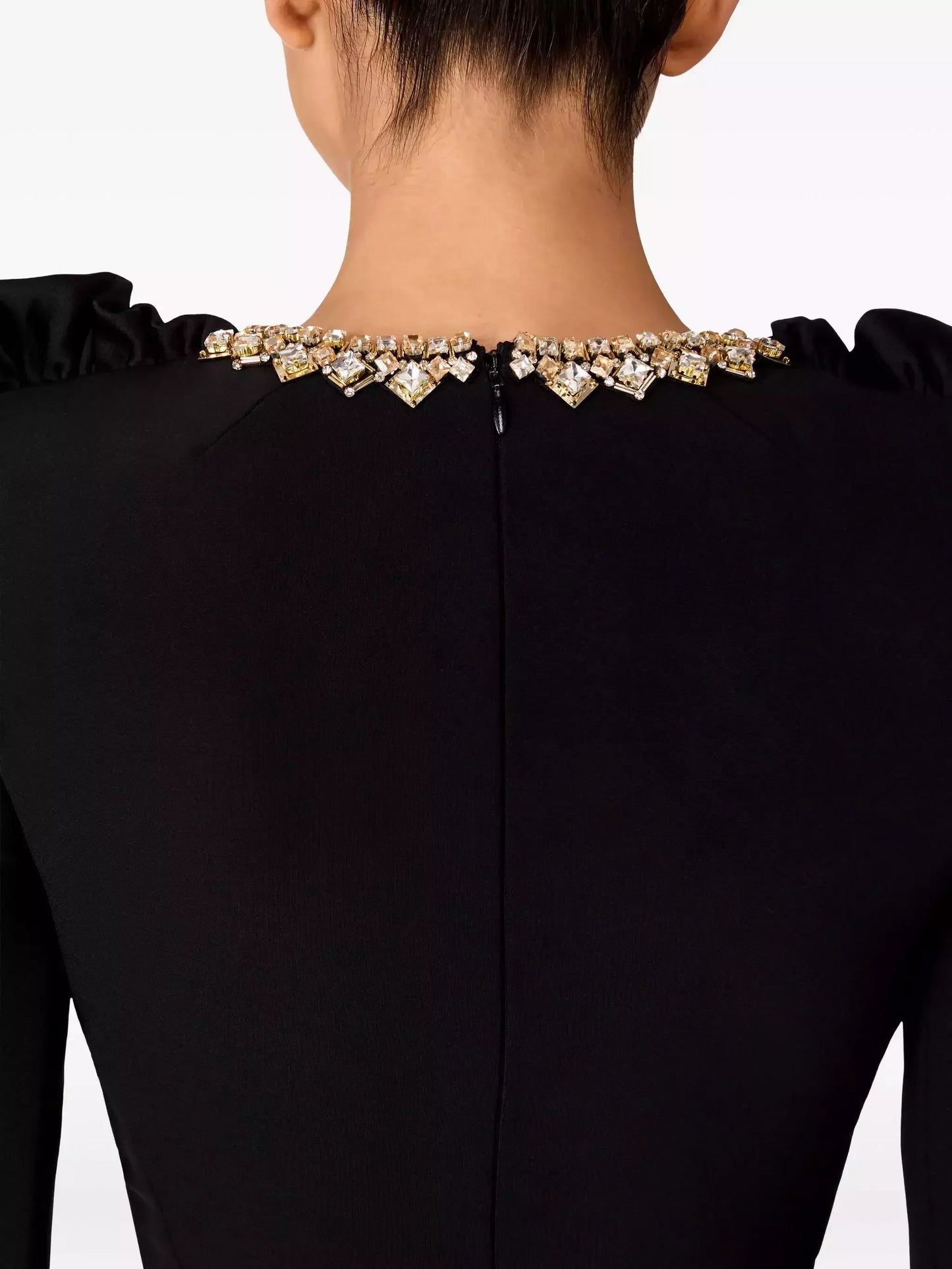 Black Ruffle Trim Embellished Collar Midi Dress Dresses