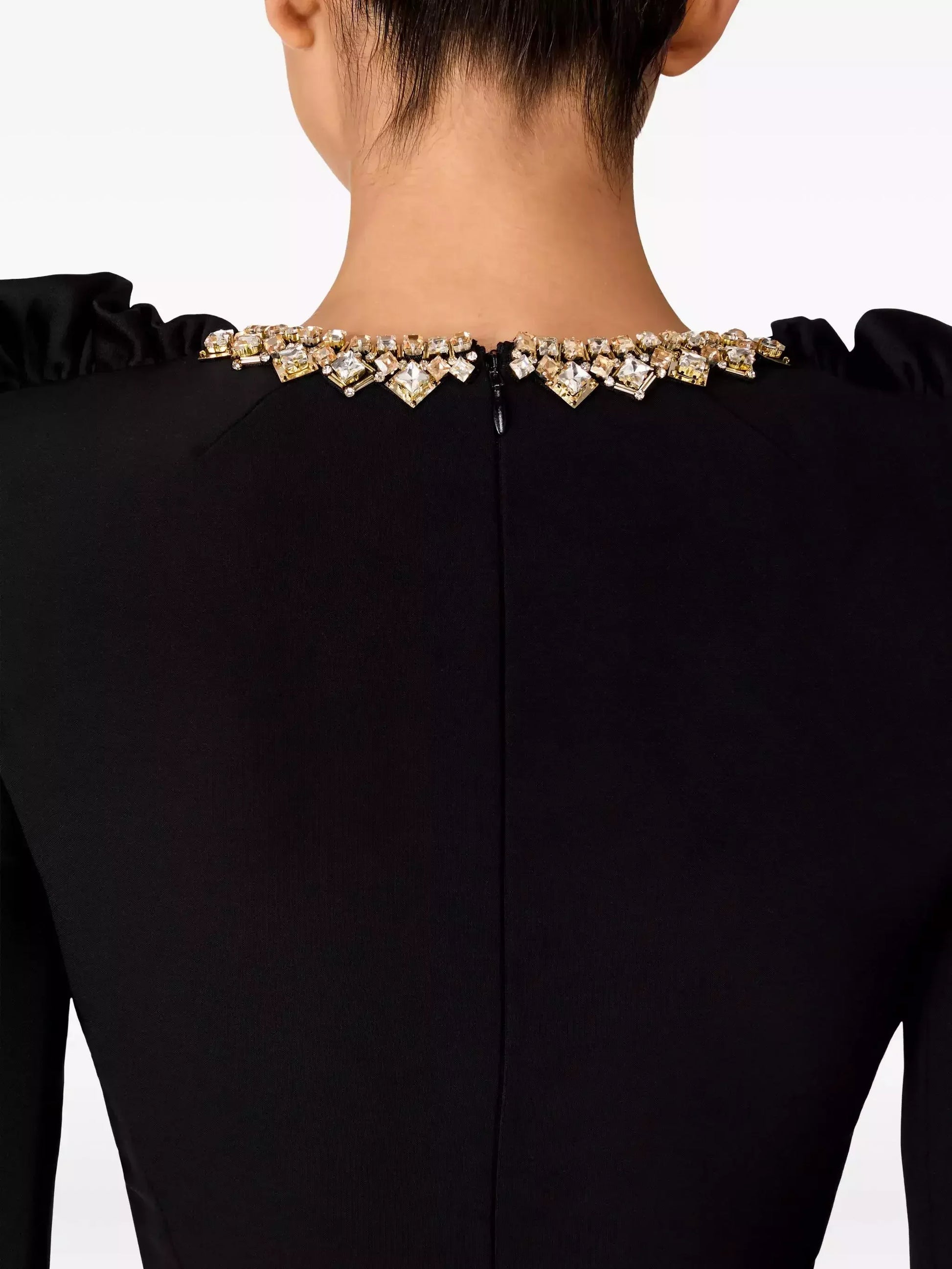 Black Ruffle Trim Embellished Collar Midi Dress Dresses