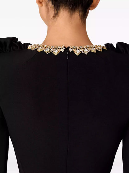 Black Ruffle Trim Embellished Collar Midi Dress Dresses