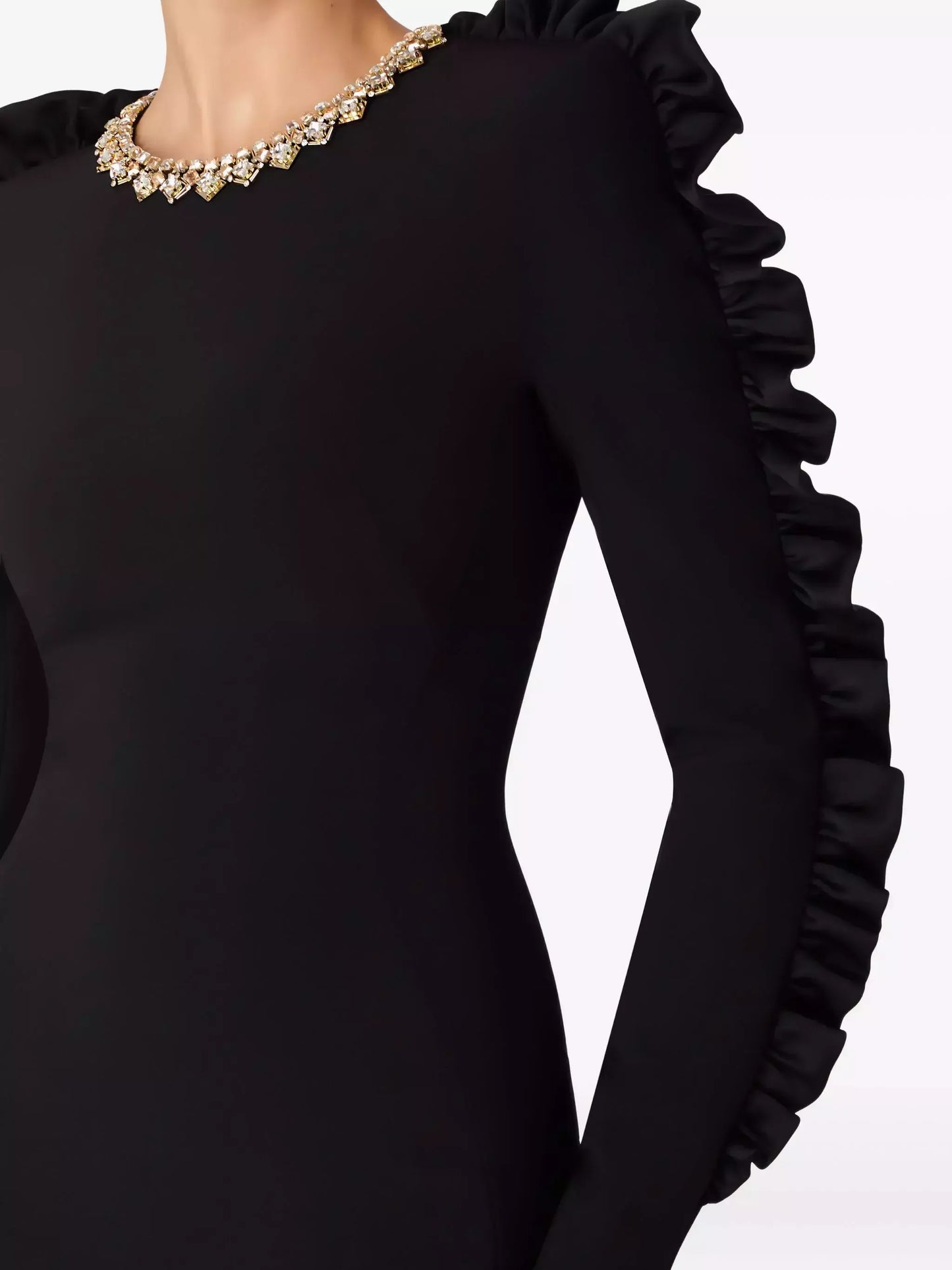 Black Ruffle Trim Embellished Collar Midi Dress Dresses