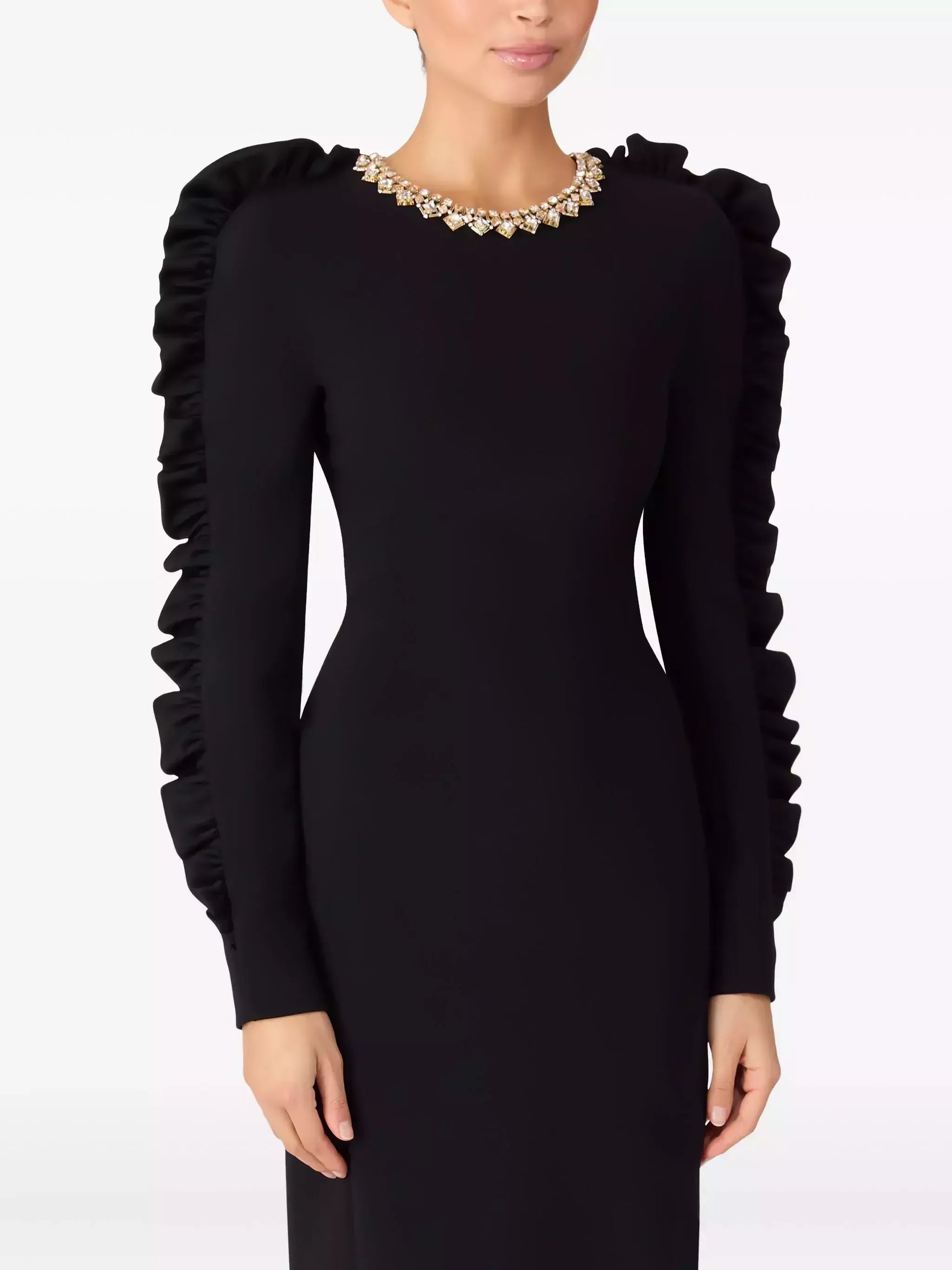 Black Ruffle Trim Embellished Collar Midi Dress Dresses