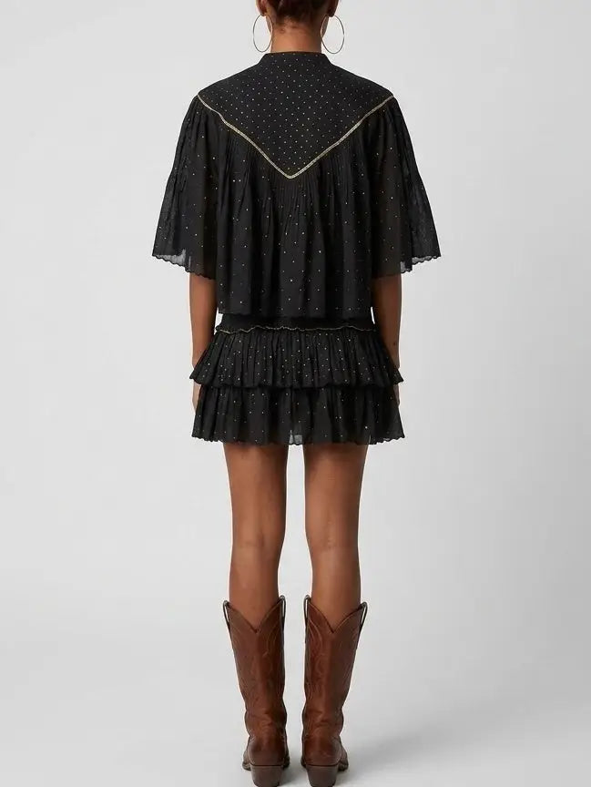 Black Ruffle Blouse and Smocked Mini Skirt Set - Suits & Sets