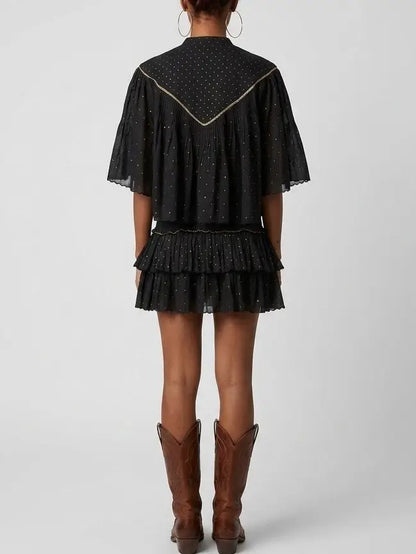 Black Ruffle Blouse and Smocked Mini Skirt Set - Suits & Sets