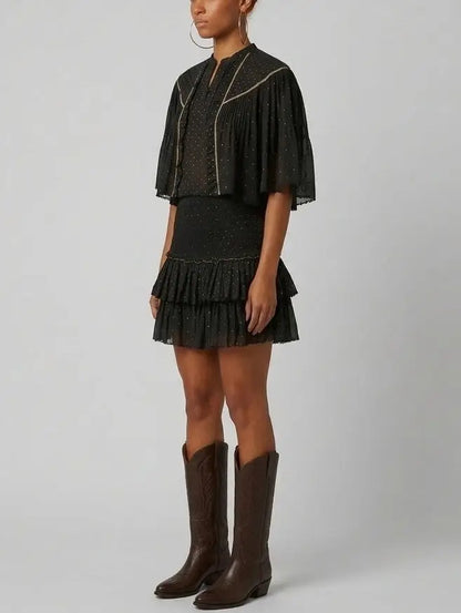 Black Ruffle Blouse and Smocked Mini Skirt Set - Suits & Sets