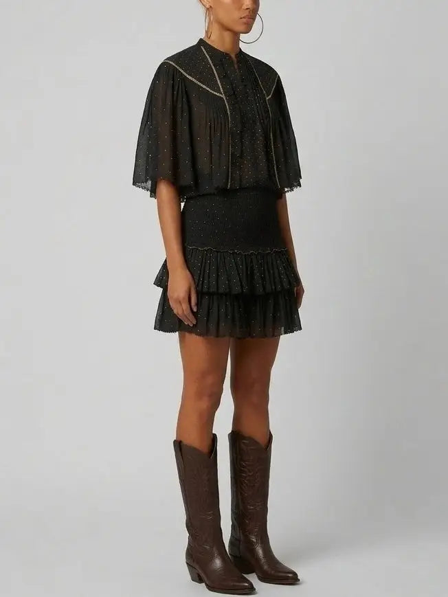 Black Ruffle Blouse and Smocked Mini Skirt Set - Suits & Sets