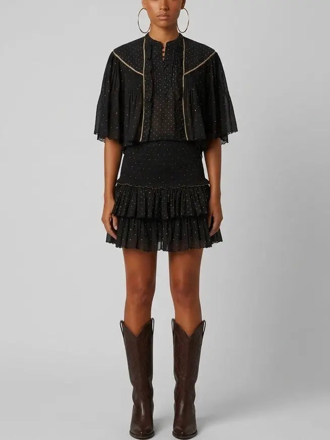 Black Ruffle Blouse and Smocked Mini Skirt Set - Suits & Sets