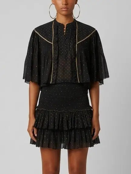 Black Ruffle Blouse and Smocked Mini Skirt Set - Suits & Sets