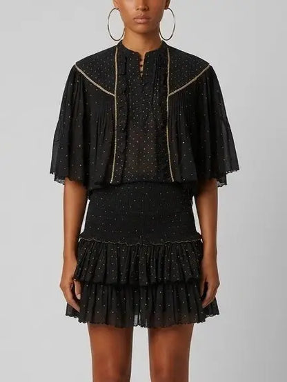 Black Ruffle Blouse and Smocked Mini Skirt Set - Suits & Sets