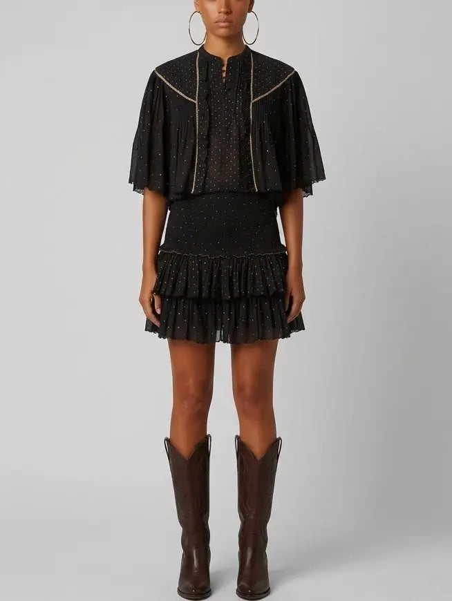 Black Ruffle Blouse and Smocked Mini Skirt Set - Small - Suits & Sets
