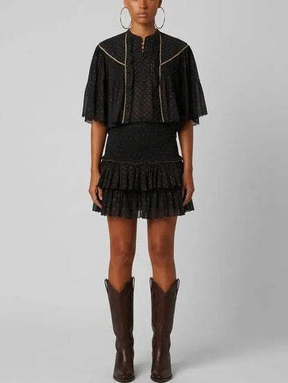 Black Ruffle Blouse and Smocked Mini Skirt Set - Small - Suits & Sets