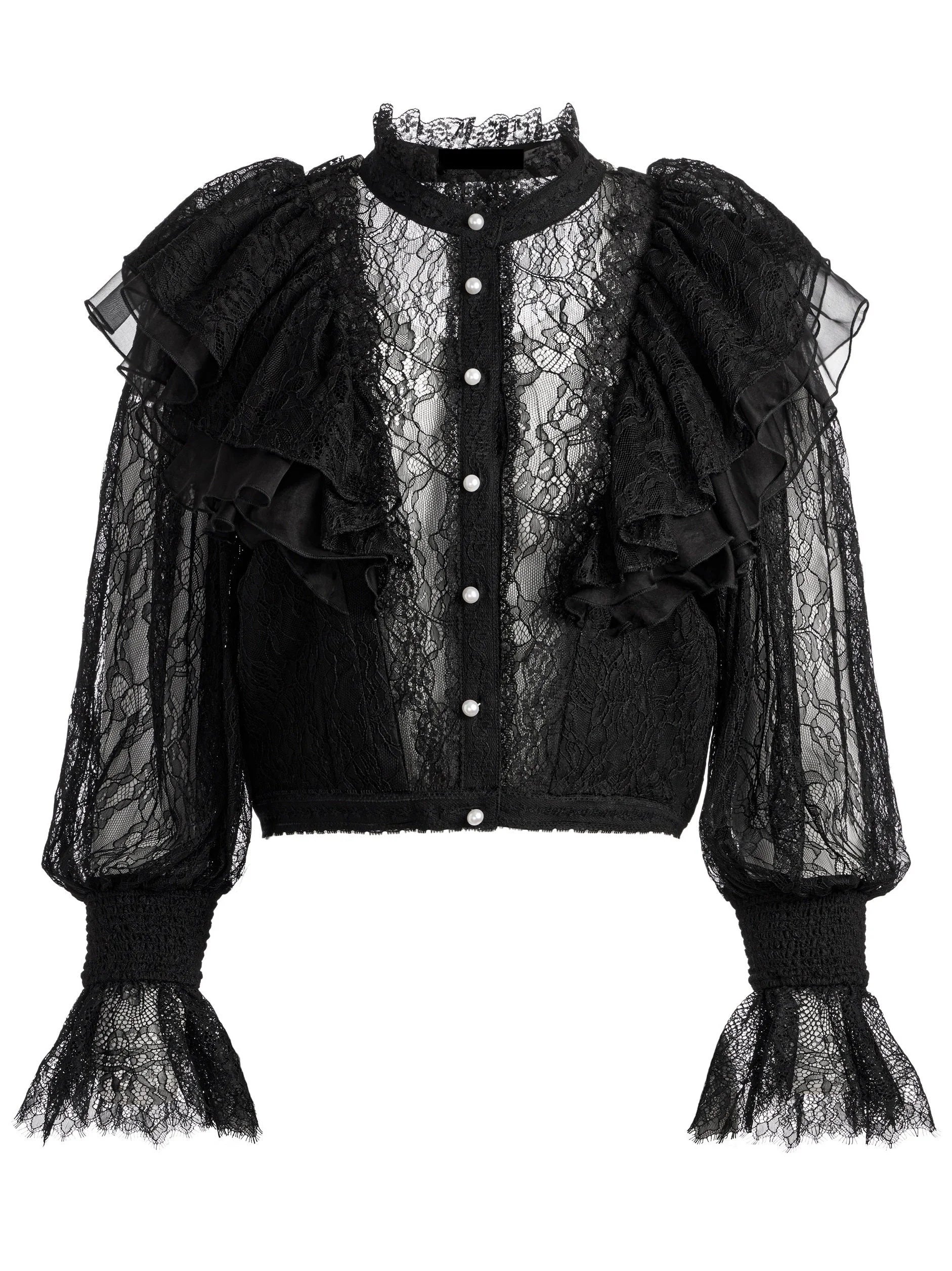 Black Ruffle Lace Blouson Top - Tops