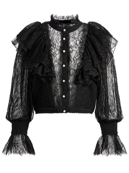 Black Ruffle Lace Blouson Top - Tops