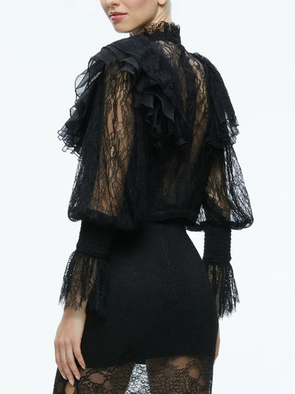 Black Ruffle Lace Blouson Top - Tops