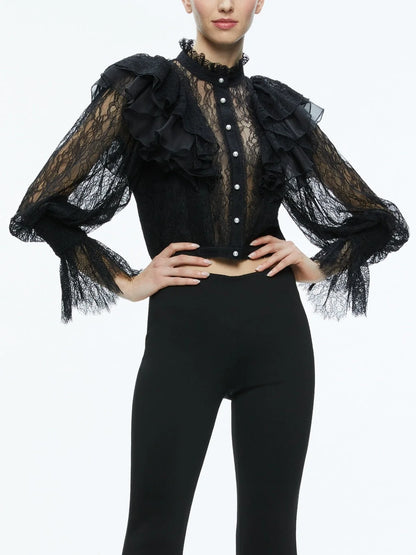 Black Ruffle Lace Blouson Top - Tops