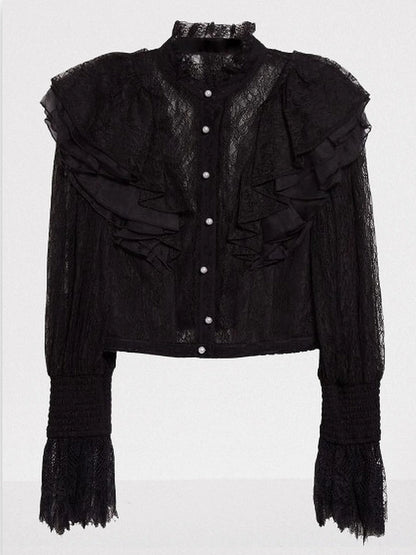 Black Ruffle Lace Blouson Top - Tops
