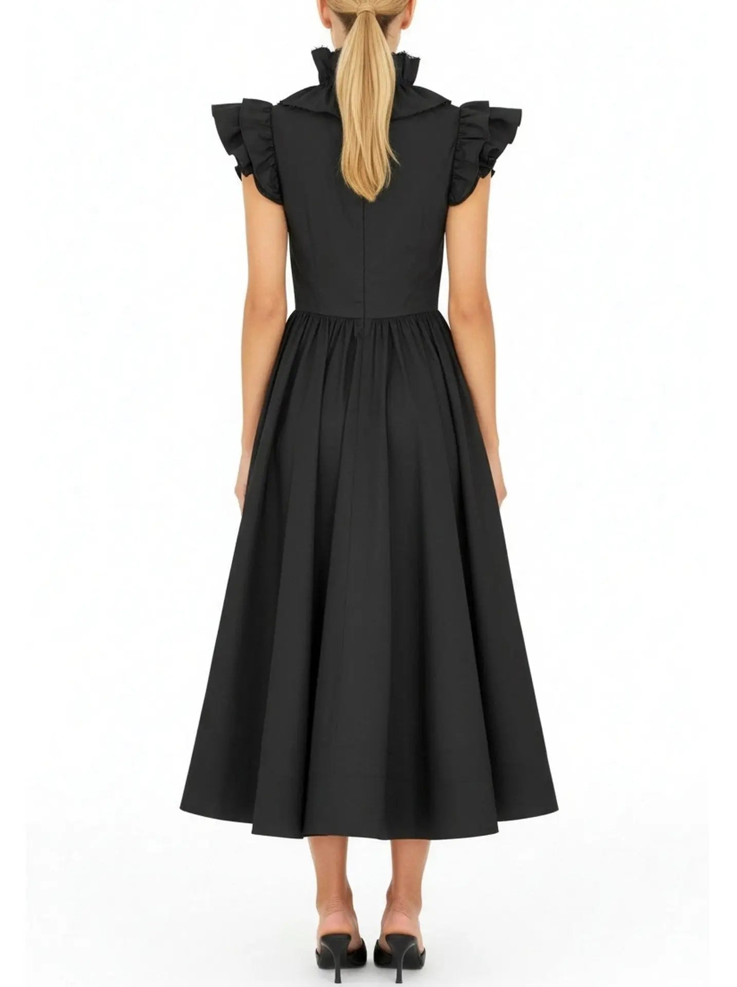 Black Ruffled High-Neck Midi Dress - Dresses