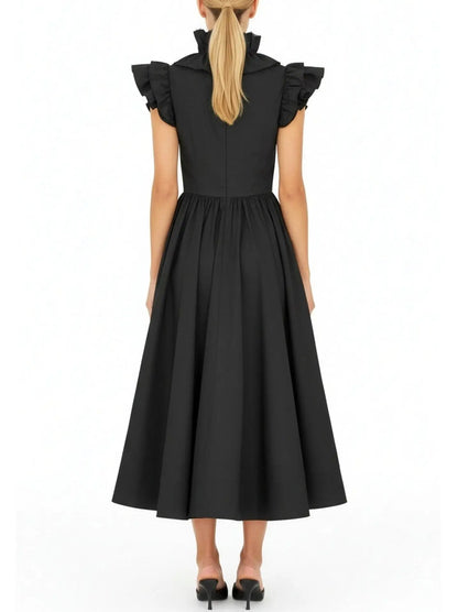 Black Ruffled High-Neck Midi Dress - Dresses
