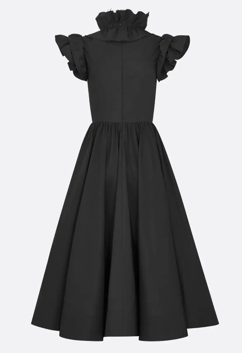 Black Ruffled High-Neck Midi Dress - Dresses