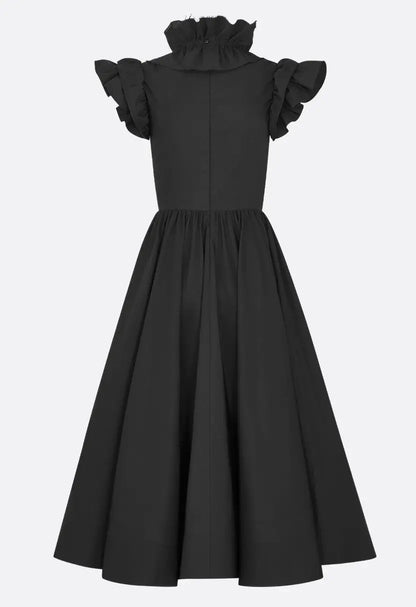Black Ruffled High-Neck Midi Dress - Dresses
